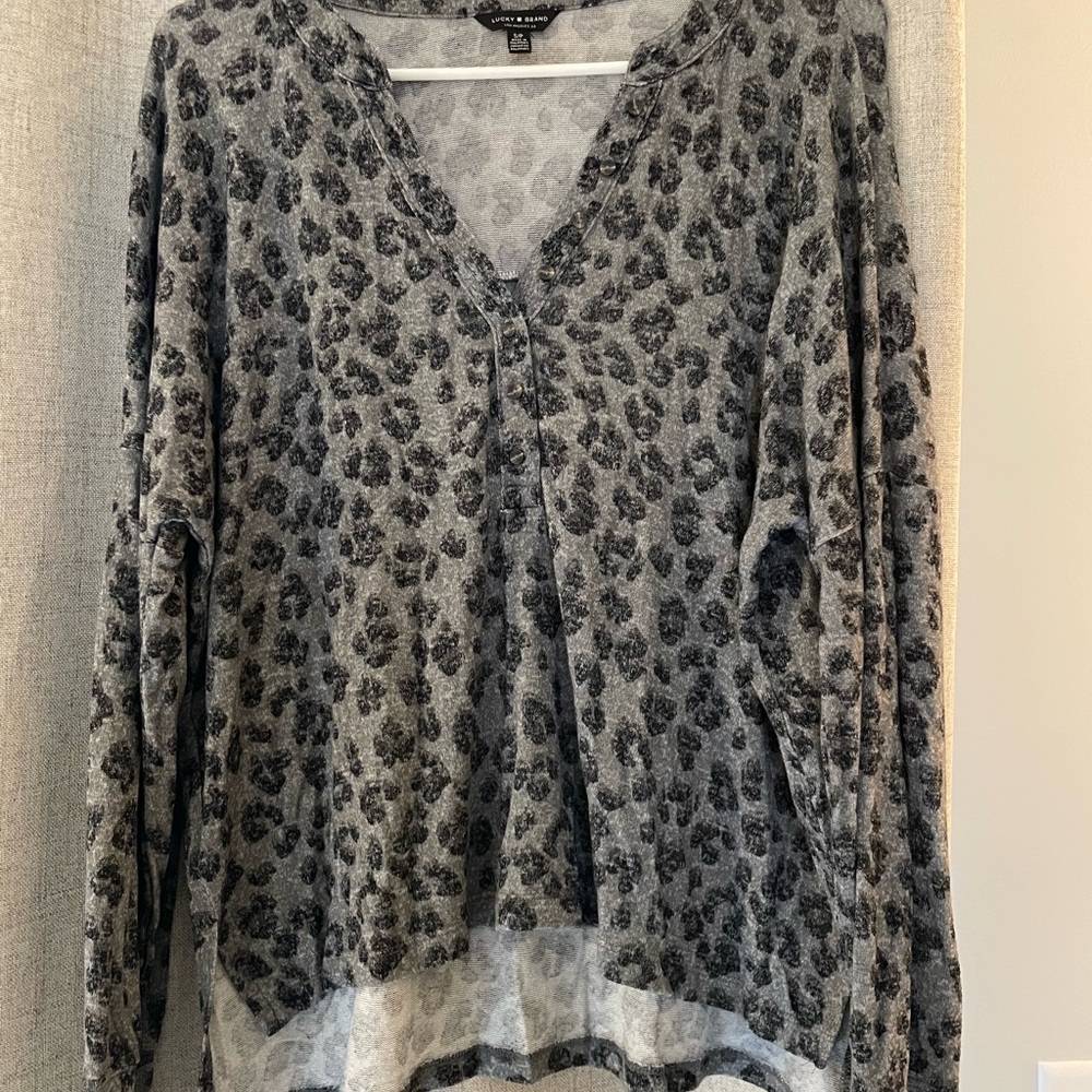Lucky Brand Charcoal Leopard Print Long Sleeve Top